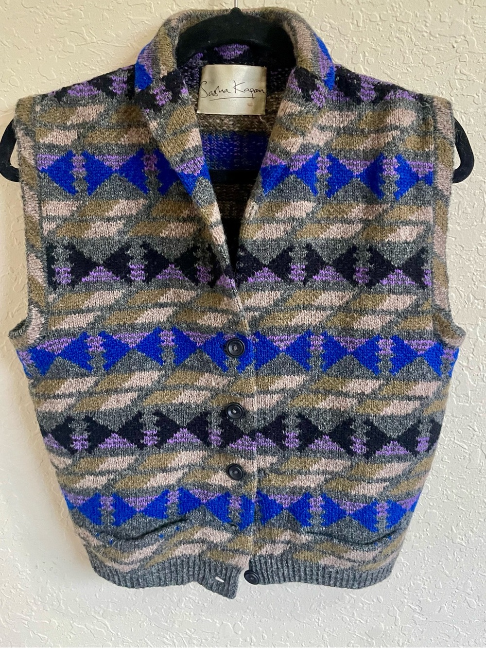 Vintage Sasha Kapan Hand Knit Wool Vest Shawl Collar Geometric Diamond Print
